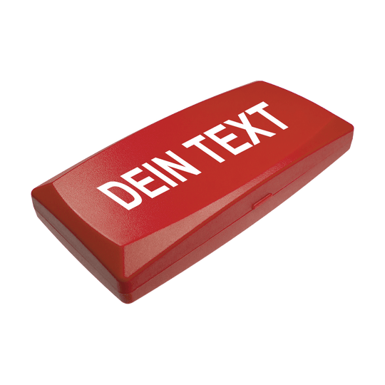 Auf dem Bild ist eine rote Kunststoffbox zu sehen. Auf der Box steht in weißen Buchstaben "DEIN TEXT".