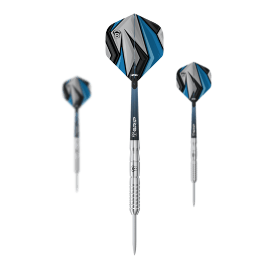 Fléchettes en acier Bulls Stone S3 Auf dem Bild sind drei Bulls Stone S3 Steeldarts zu sehen. Sie haben silberne Spitzen und moderne Flights in Blau, Schwarz und Grau.