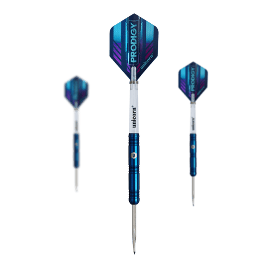 Fléchettes en acier parallèles Unicorn Prodigy 01 Das Bild zeigt drei Steeldarts des Produkts "Unicorn Prodigy 01 Parallel". Die Darts haben blaue Schäfte und weiße Flights mit dem Aufdruck "PRODIGY".