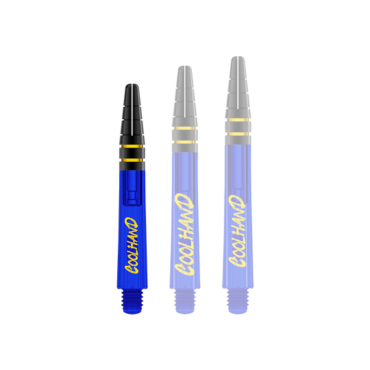 Tiges Red Dragon Nitrotech Luke Humphries Coolhand - Bleues Auf dem Bild sind drei blaue Dartschäfte mit gelbem Schriftzug "COOLHAND" zu sehen. Oben haben sie schwarze Rillen mit goldenen Ringen.