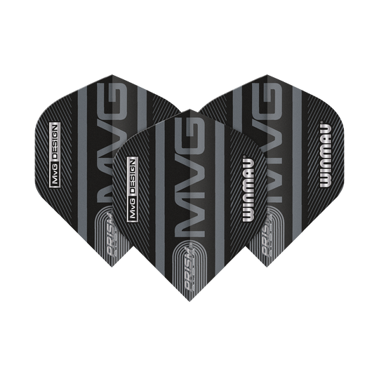 Das Bild zeigt drei schwarze Dart Flights mit dem Aufdruck "MVG" und "Winmau". Die Flights sind vom Typ "Winmau Prism Alpha MvG Standard".