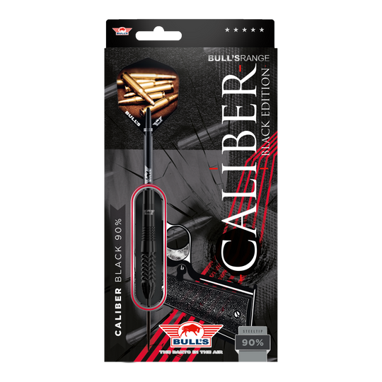 Fléchettes en acier noir Bulls NL Caliber Das Bild zeigt die Verpackung der "Bulls NL Caliber Black Steeldarts". Die Verpackung ist schwarz gestaltet und hebt die Steeldarts sowie den Schriftzug "Caliber Black Edition" hervor.