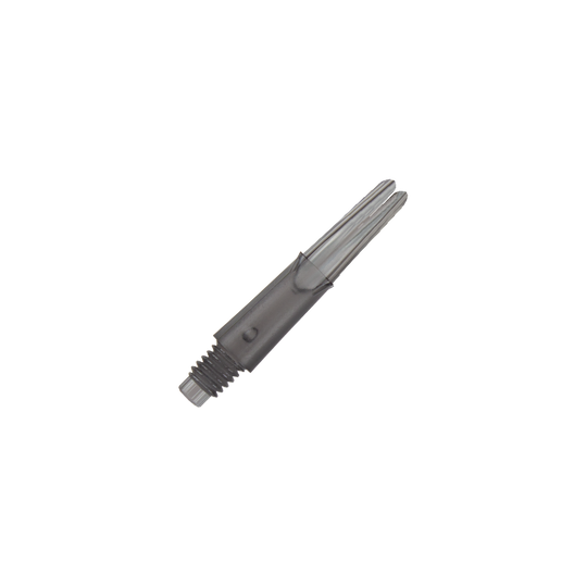 Arbres en L verrouillés droits - Noir transparent Das Bild zeigt einen klaren, schwarzen Dart-Schaft in gerader Form. Er hat ein Schraubgewinde am unteren Ende und ist ohne Kappen abgebildet.