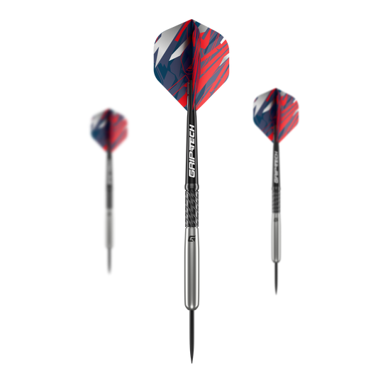 Fléchettes en acier tungstène GOAT Homerun Baseball Das Bild zeigt drei GOAT Homerun Baseball Tungsten Steeldarts mit silbernem Schaft und bunten, rot-blauen Flights. Die Darts sind modern gestaltet und heben sich durch das auffällige Design ab.
