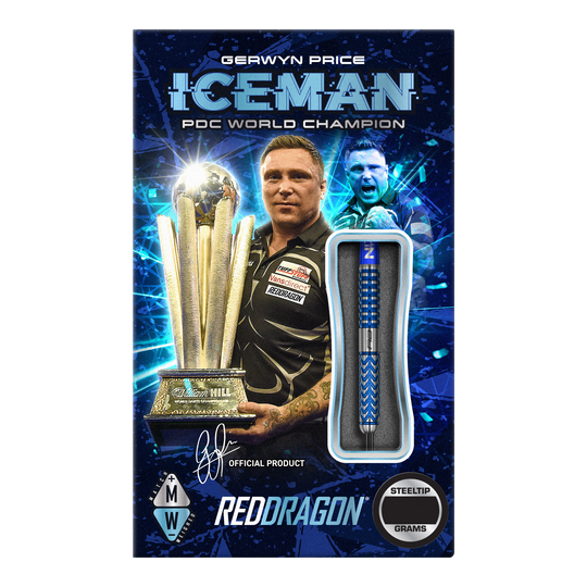 Fléchettes en acier Red Dragon Gerwyn Price Glacier Das Bild zeigt die Verpackung der "Red Dragon Gerwyn Price Glacier Steeldarts". Auf der Verpackung sind Gerwyn Price, ein großer Pokal und ein Steeldart abgebildet.
