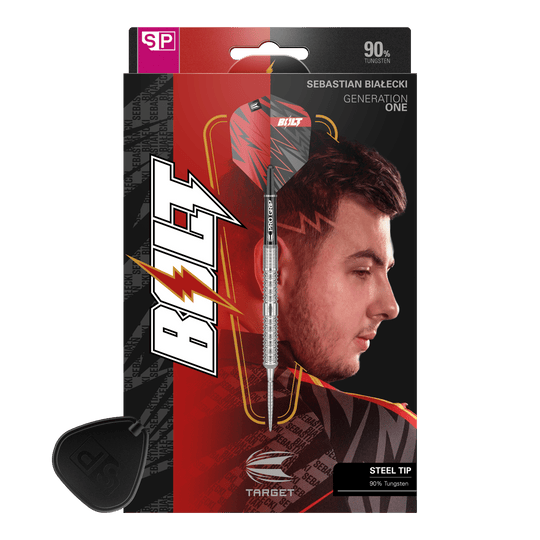 Fléchettes en acier Target Sebastian Bialecki GEN1 Swiss Point - 22 g Das Bild zeigt die Verpackung der "Target Sebastian Bialecki GEN1 Swiss Point Steeldarts - 22g". Auf der Verpackung ist ein Dartpfeil sowie das Porträt eines Mannes zu sehen.