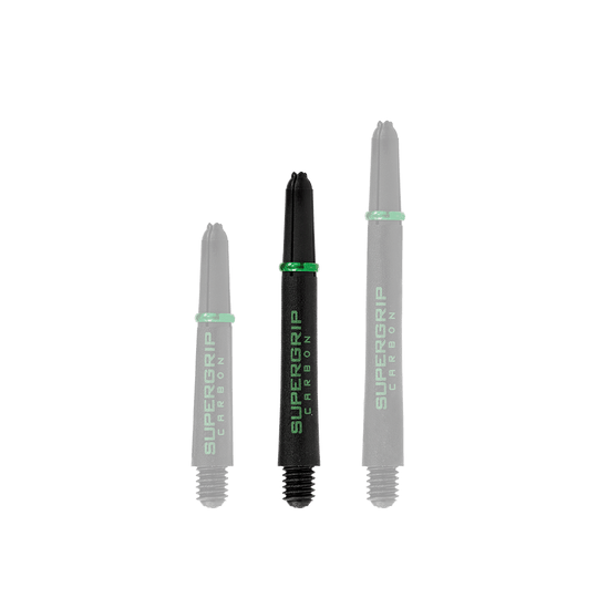 HR361_Harrows_Supergrip_Carbon_Shafts_Gr-n_40mm_1 Das Bild zeigt drei schwarze Harrows Supergrip Carbon Shafts mit grünen Akzenten in verschiedenen Längen. Sie sind speziell für den Einsatz bei Darts entwickelt.