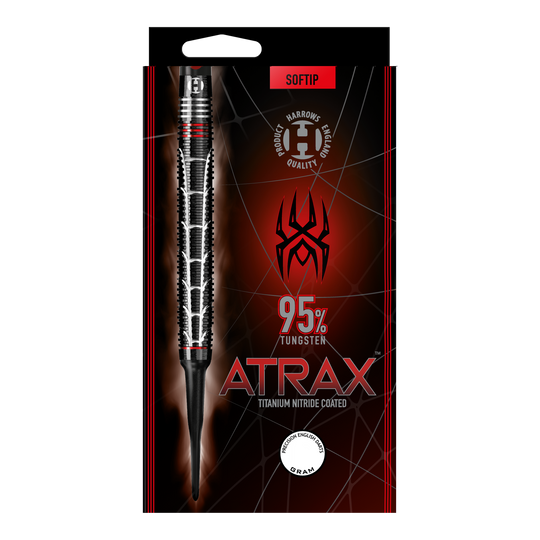 Fléchettes souples Harrows Atrax Auf dem Bild ist eine Verpackung für einen Softdart mit der Aufschrift "ATRAX" zu sehen. Der Dart besteht zu 95 % aus Wolfram und ist titan-nitrid beschichtet.
