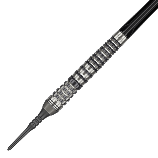 Fléchettes souples Target Japan Black Marque Renegade 4 - 19 g Das Bild zeigt einen Target Japan Black Marque Renegade 4 Softdart mit 19g Gewicht. Der Dart hat ein silber-schwarzes, gerilltes Design und eine schwarze Softspitze.
