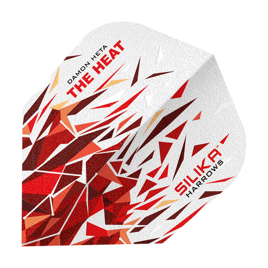 Harrows Silika Damon Heta 2 Revêtement cristallin solide et résistant No6 Vols Das Bild zeigt einen Dart Flight mit dem Namen "Harrows Silika Damon Heta 2 Solid Tough Crystalline Coating No6". Das Design ist weiß mit roten und braunen, geometrischen Mustern und dem Schriftzug "THE HEAT" und "SILIKA HARROWS".