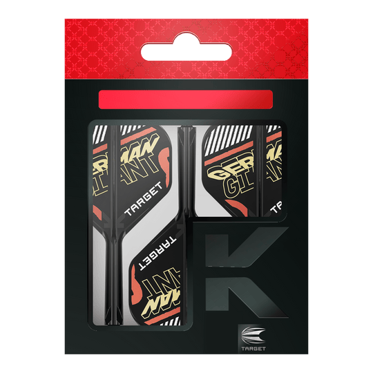 Système d'arbre de vol standard Target K-Flex Gabriel Clemens No2 Auf dem Bild ist eine Verpackung mit Dart-Flights und Schäften der Marke Target zu sehen. Auf den Flights steht in gelber Schrift "GERMAN GIANT".