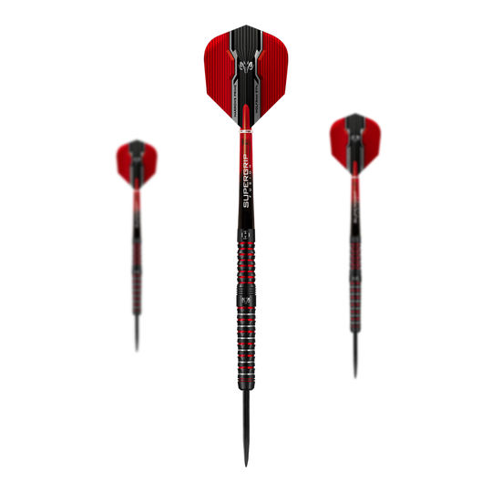 Fléchettes Harrows Tungsten Infinity 97 % en acier tungstène Das Bild zeigt drei Harrows Wolfram Infinity 97% Tungsten Steeldarts mit roten und schwarzen Details. Die Darts haben einen metallisch gestreiften Griff und rote Flights.