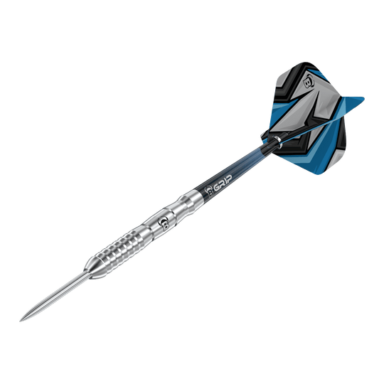 Fléchettes en acier Bulls Stone S3 Das Bild zeigt einen Bulls Stone S3 Steeldart mit silbernem Barrel. Die Flights sind blau, schwarz und grau gemustert.