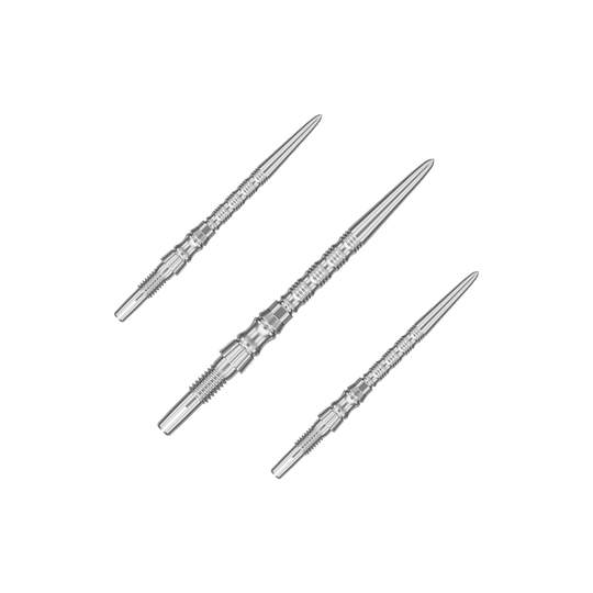 Pointes de fléchettes en acier Target Signature Swiss Point TRB - argent Mehrere silberne Dartspitzen sind nebeneinander zu sehen. Es handelt sich um ein Set der 'Target SwissPoint Signature TRB' Dartspitzen mit 30 mm Länge.