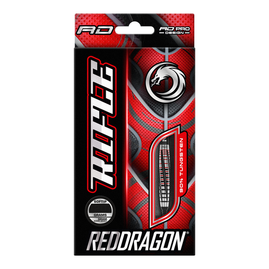 Fléchettes souples Red Dragon Rifle - 20 g Die Abbildung zeigt die Verpackung der "Red Dragon Rifle Softdarts - 20g". Das Design ist auffällig in Rot und Schwarz gehalten und zeigt eine Abbildung eines Dartpfeils.