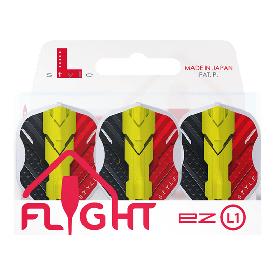 Vols L-Style V-Series V1 Type C Belgique Blanc Transparent L1EZ Das Bild zeigt eine Packung mit drei L-Style V-Series V1 Type C Belgium Clear White L1EZ Flights. Die Flights sind in den Farben Schwarz, Gelb und Rot gestaltet und werden in einer Verpackung mit der Aufschrift "Made in Japan" präsentiert.