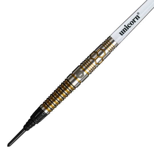 Fléchettes souples Unicorn Hexium Style 03 Or et Noir - 23 g Das Foto zeigt Unicorn Hexium Style 03 Gold & Black Softdarts, 23g. Die Darts haben ein modernes Muster in Gold und Schwarz.