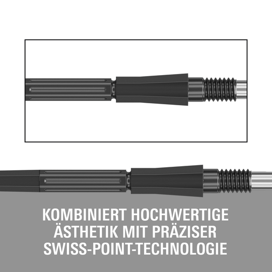 Pointes de fléchettes en acier Target Elysian Archetype 43 Swiss Point - Noires Das Bild zeigt die Target Elysian Archetype 43 Swiss Point Steeldartspitzen in Schwarz. Die Spitzen sind speziell für Dartspieler entworfen.