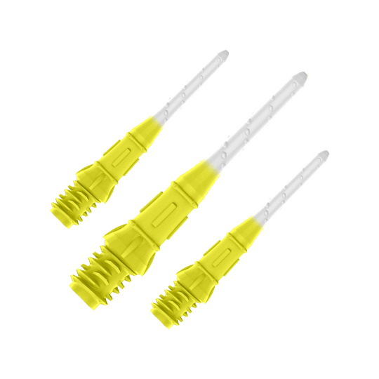 L-Style Premium Bicolore Lippoints (Paquet de 30) Auf dem Bild sind drei gelb-weiße Dartspitzen zu sehen. Sie sind nebeneinander angeordnet und wirken modern sowie hochwertig verarbeitet.