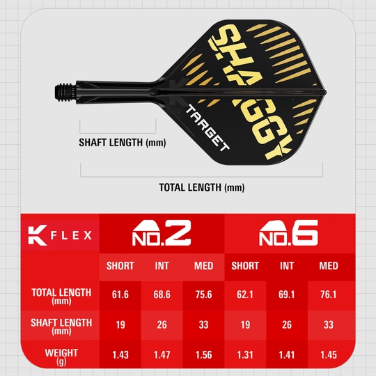 Système de flèche standard Target K-Flex Scott Williams n° 2 Das Bild zeigt das Produkt "Target K-Flex Scott Williams No2 Standard Flights" mit einem schwarzen und goldenen Design. Unten sind die Maße für verschiedene Längen und Gewichte der Flights in einer Tabelle dargestellt.