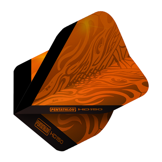 Volets standard Pentathlon HD150 orange métallisé Das Bild zeigt ein Pentathlon HD150 Metallic Orange Standard Flight für Darts. Das Flight ist orange mit schwarzen Akzenten und einem auffälligen Muster.