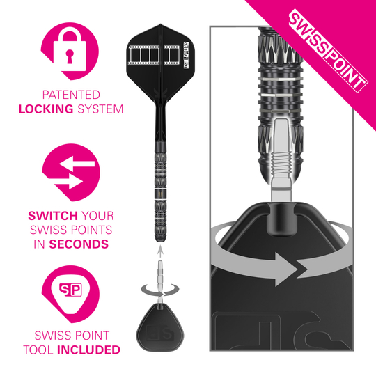 Abgebildet ist das Produkt Target Chris Dobey 95K Swiss Point Steeldarts. Es handelt sich um professionelle Steeldarts mit modernem Design.