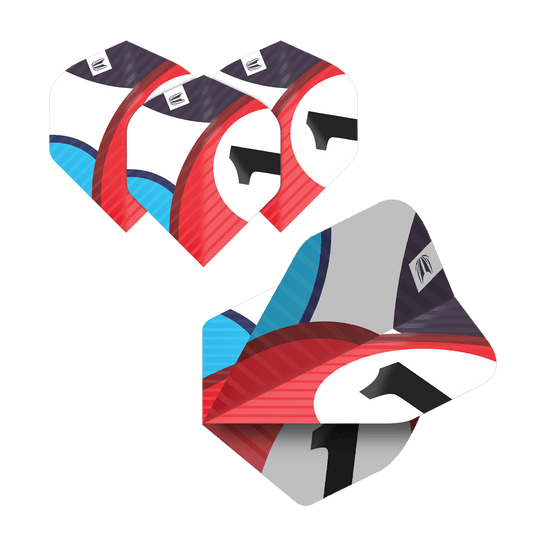 Das Bild zeigt fünf Sätze von Target Pro Ultra Chicane No2 Standard Flights für Darts. Die Flights sind bunt gestaltet mit Rot, Blau, Schwarz und Weiß und einer großen schwarzen Eins.