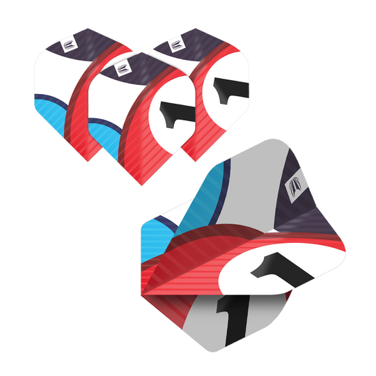 337204_Target_ProUltra_5Sets_Multipack_Chicane_No2_Standard_Flights_5OVaLkxp5z3Aoh Das Bild zeigt fünf Sätze von Target Pro Ultra Chicane No2 Standard Flights für Darts. Die Flights sind bunt gestaltet mit Rot, Blau, Schwarz und Weiß und einer großen schwarzen Eins.