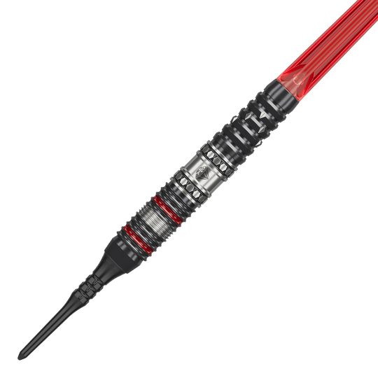 Fléchettes souples Target Japan Prime Series Diamond GEN3 - 18 g Das Bild zeigt einen Softdartpfeil aus der Produktreihe "Target Japan Prime Series Diamond GEN3" mit 18g Gewicht. Der Pfeil hat ein metallisches Design mit roten Akzenten und einer schwarzen Kunststoffspitze.