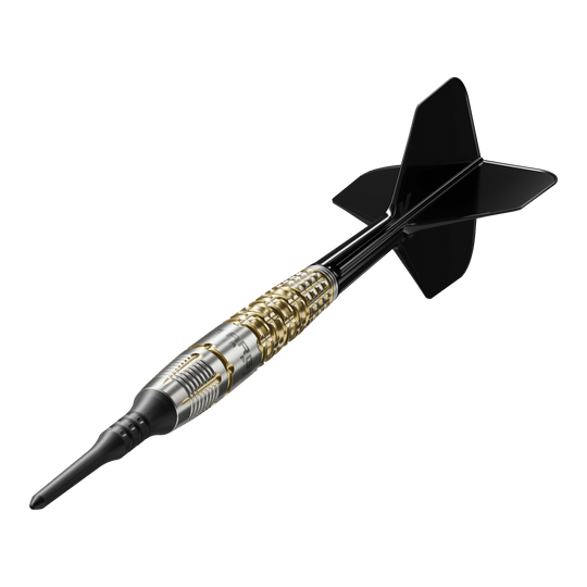 Fléchettes souples Target Japan Black Marque Warrior - 18,5 g Dies ist der Target Japan Black Marque Warrior Softdart mit einem Gewicht von 18,5 Gramm. Er besitzt ein elegantes Design mit goldenen und silbernen Akzenten sowie schwarzen Flights.