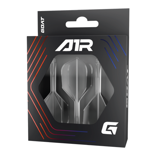 Système d'arbre de vol GOAT A1R n° 6 - Transparent Die Abbildung zeigt das Produkt "GOAT A1R No6 Flight-Shaft-System - Clear" in einer schwarzen Verpackung mit Sichtfenster. In der Packung sind drei klare Flight-Shaft-Systeme für Dartpfeile zu sehen.