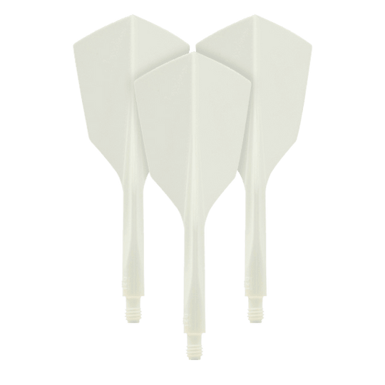 Auf dem Bild sind drei weiße Dartflights aus dem Set "Condor Axe 120 Flight-System White - Narrow" zu sehen. Die Flights haben eine schmale Form und sind miteinander verbunden.