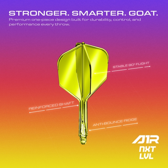 Système d'arbre de vol GOAT A1R n° 6 - Jaune fluo Das Bild zeigt das GOAT A1R No6 Flight-Shaft-System in Neon Gelb aus einer anderen Perspektive. Das Produkt ist für Dartspieler geeignet.