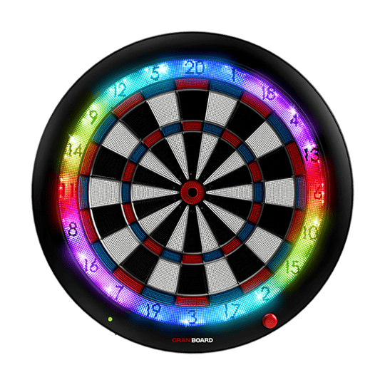 Das Bild zeigt das elektronische Dartboard „GranBoard 3S LED“ mit einem leuchtenden LED-Ring. Die Zahlen und Segmente sind deutlich sichtbar und farbenfroh beleuchtet.