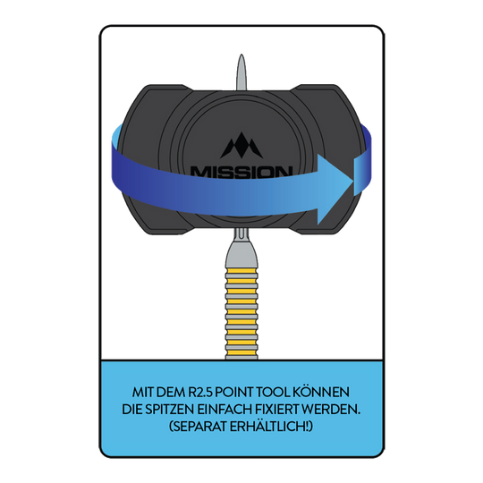 Outil de pointage rapide Mission R2.5 Hier ist das Mission R2.5 Rapid Point Tool abgebildet. Es unterstützt den Spieler beim Wechseln der Dartspitzen.