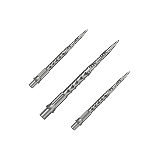 Das Bild zeigt ein Set aus silbernen Steeldartspitzen. Diese Spitzen sind 32 mm lang und haben ein Spiro NoLip Design.