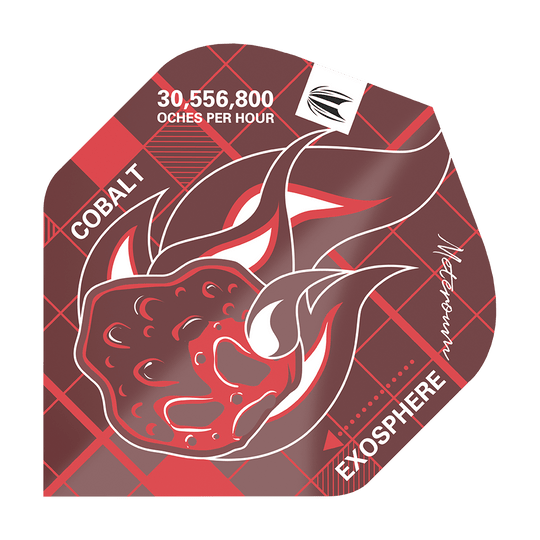 Das Bild zeigt ein rotes Dart-Flight mit einer brennenden Meteor-Grafik. Auf dem Flight stehen die Wörter "COBALT", "EXOSPHERE" sowie "30,556,800 OCHES PER HOUR".