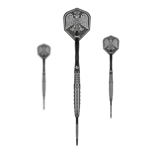 Fléchettes en acier Shot Goths Wulfaz Turbo Point - 23 g Das Bild zeigt das Shot Goths Wulfaz Turbo Point Steeldarts - 23g Set. Alle Teile des Dart Sets sind deutlich zu erkennen.