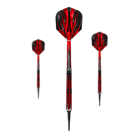 Fléchettes souples Harrows Fire Inferno Das Bild zeigt drei Harrows Fire Inferno Softdarts mit auffälligem rot-schwarzem Design. Die Darts haben spitze Kunststoffspitzen und strukturierte Griffe.