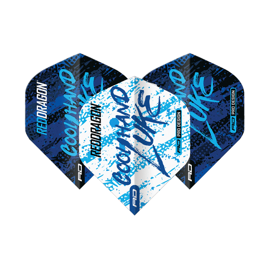 Dragon Rouge Luke Humphries Champion du Monde Bleu Blanc Yin Yang Vols Standards Das Bild zeigt drei Dart-Flights mit dem Design "Red Dragon Luke Humphries World Champion Blue White Yin Yang". Die Flights sind in Blau, Weiß und Schwarz gehalten und tragen die Aufschrift "Cool Hand Luke".