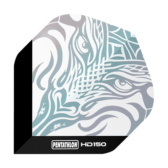Vols standard transparents métalliques Pentathlon HD150 Das Bild zeigt das Produkt "Pentathlon HD150 Metallic Clear Standard Flights". Auf dem Flight ist ein stilisiertes, metallisch schimmerndes Muster zu sehen, das an ein Tiergesicht erinnert.