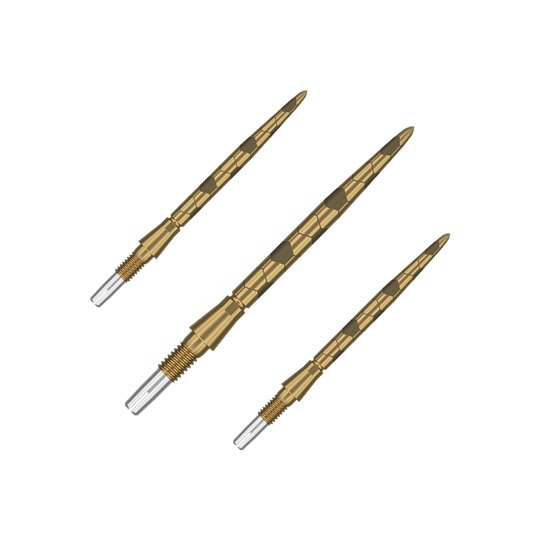 Das Bild zeigt drei goldfarbene Dartspitzen mit einem strukturierten Muster. Am unteren Ende haben sie ein silbernes Schraubgewinde zur Befestigung.