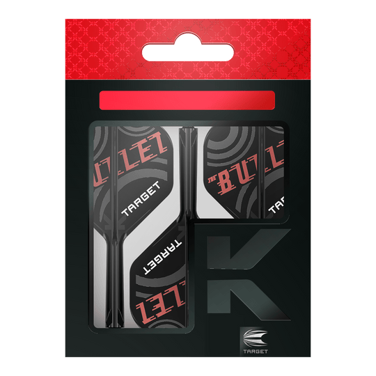 Die Abbildung zeigt eine Verpackung der "Target K-Flex Stephen Bunting No2 Standard Flights". Die Flights sind schwarz, weiß und rot gestaltet und tragen die Aufschrift "THE BULLET" sowie "TARGET".