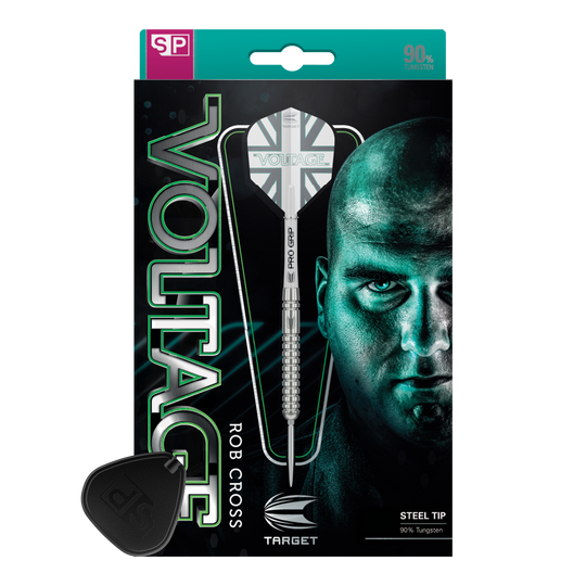 Fléchettes en acier Target Rob Cross Voltage Swiss Point à pointes suisses Das Bild zeigt die Verpackung der "Target Rob Cross Voltage Swiss Point Steeldarts". Auf der Verpackung sind ein Dartpfeil und das Gesicht eines Mannes prominent abgebildet.