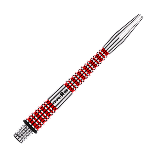 Das Bild zeigt einen rot-silbernen Aluminium-Dartschafte mit dem Schriftzug "TRIAD". Die Oberfläche ist strukturiert und bietet einen guten Halt.