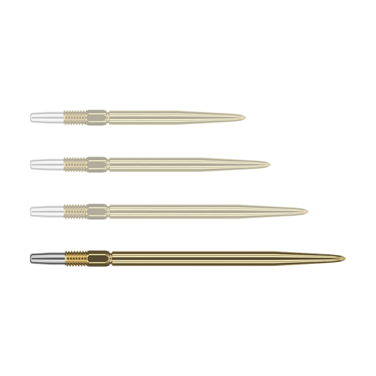 Pointes de fléchettes Target Swiss Point Gold Auf dem Bild sind vier goldfarbene Dartspitzen zu sehen, die nebeneinander liegen. Die Spitzen haben einen silbernen Abschnitt am linken Ende und sind ansonsten komplett goldfarben.