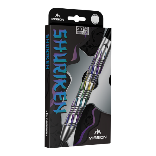 Fléchettes en acier Mission Shuriken Auf dem Bild sind Mission Shuriken Steeldarts zu sehen. Das Foto zeigt die Steeldarts aus einer anderen Perspektive.