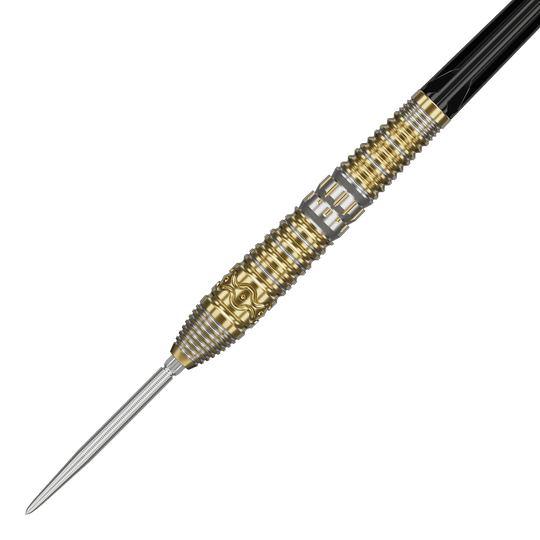 Fléchettes en acier Target Japan Hot Shot GEN2 - 23 g Das Bild zeigt einen Target Japan Hot Shot GEN2 Steeldart mit einem Gewicht von 23g. Der Steeldart hat ein auffälliges Design mit goldenen und silbernen Rillen und Mustern am Barrel.