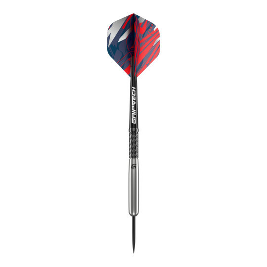 Fléchettes en acier tungstène GOAT Homerun Baseball Das Bild zeigt den GOAT Homerun Baseball Tungsten Steeldart. Der Dart hat auffällige Flights in Rot, Blau und Weiß sowie einen silbernen Schaft mit der Aufschrift "GRIP-TECH".