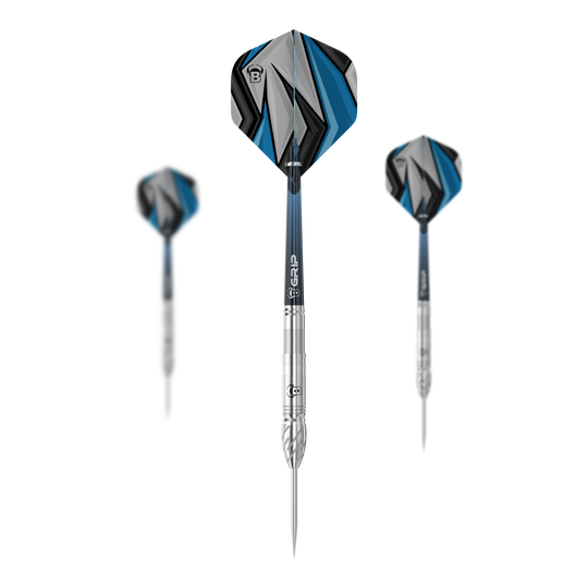 Fléchettes en acier Bulls Stone S1 Das Bild zeigt drei Steeldarts des Modells "Bulls Stone S1". Die Darts haben silberne Spitzen und Schäfte mit blau-grau-schwarzen Flights.